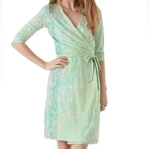 DVF Diane Von Furstenburg New Julian Two Wrap Dress 6 Green Snakeskin Print NEW